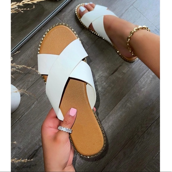 White X Band Studded Slide Flat Sandals - Picture 2 of 10